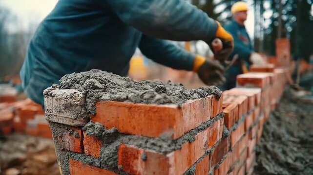 A construction worker is skillfully laying bricks and applying mortar to build a durable brick wall outdoors, showcasing craftsmanship.