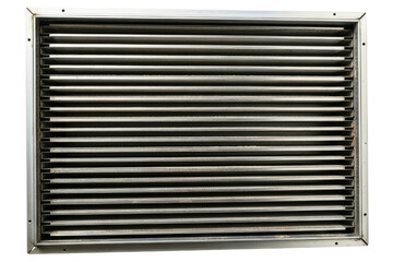 Rectangular metal louvered return air vent grille on a transparent background