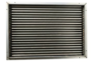 Rectangular metal louvered return air vent grille on a transparent background