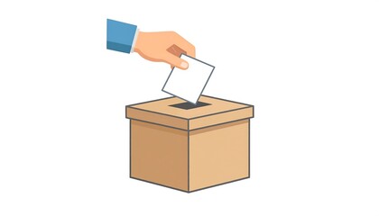 Cartoon hand drops a white ballot into a brown box with slot, isolated on white background