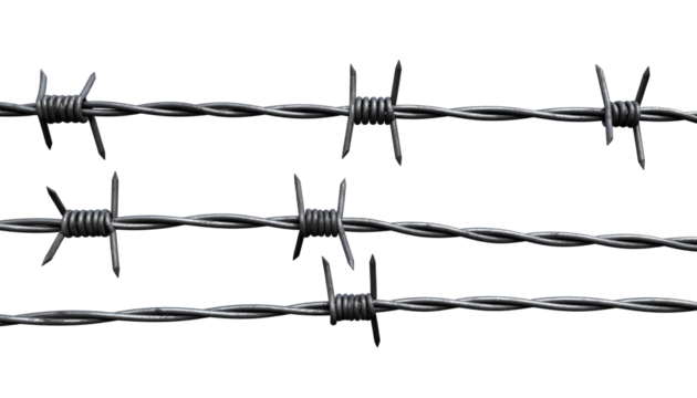Sharp, metallic barbed wire strands create a strong barrier representing security, defense, or exclusion