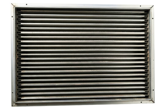 Rectangular metal louvered return air vent grille on a transparent background