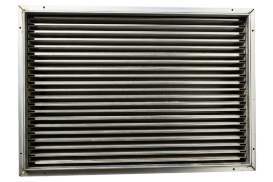 Rectangular metal louvered return air vent grille on a transparent background