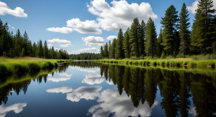 Serene landscape featuring still waters mirroring a forested shoreline under a bright sky