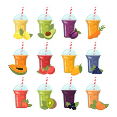 Set of fresh smoothie drink collection with various fruits and vegetables blend. Fruit juice refreshing beverage, milkshake. Tomato, strawberry, lemon, kiwi, peach, papaya, mango, carrot, avocado.