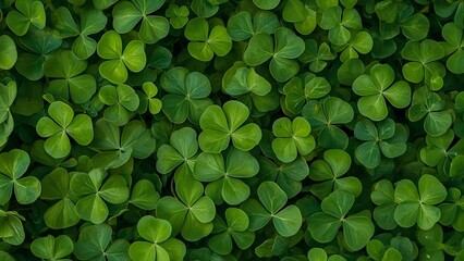 A seamless background filled with fresh green clover leaves, natural lighting, high detail, realistic texture, soft shadows, macro photography style.