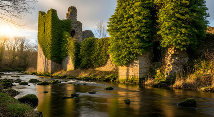 Picturesque ruins of a stone castle covered in ivy near a flowing river
