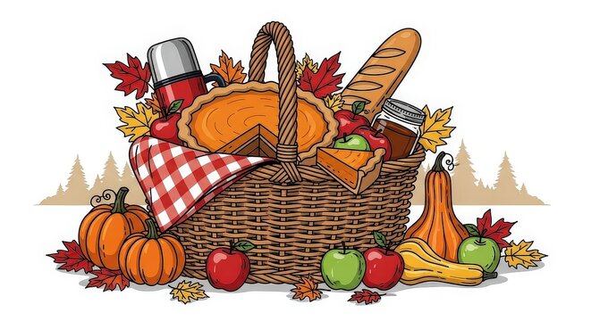 A picnic basket filled with autumn harvest foods and surrounded by pumpkins and apples. - Powered by Adobe