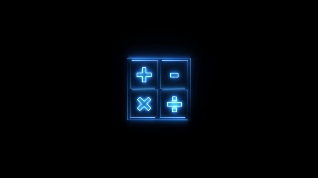 Glowing neon calculator icon, business finance concept on a black background.