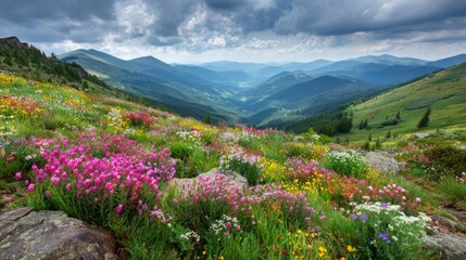 Obraz premium Vibrant Wildflower Meadow Overlooking Mountain Range Under Dramatic Cloudy Sky in Scenic Nature Landscape