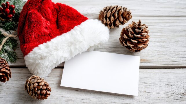 White blank greeting card mockup with green pine cones, red santa claus hat and holiday gift sack on a minimalist winter background, perfect for christmas postcards, seasonal promotions, festive adver