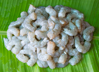 Fresh Cleaned Prawns on a banana leaf, Raw Prawns, Shrimps, Seafood, Seafood stall, seafood market
