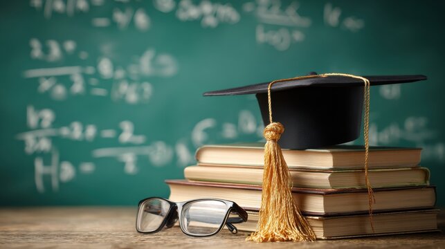 Graduation cap and books with glasses on a chalkboard background