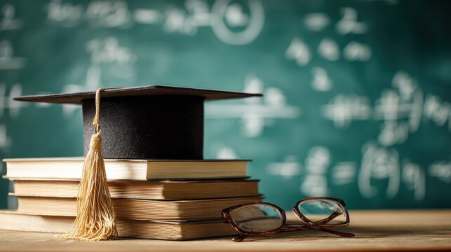 Graduation cap and books with glasses on a chalkboard background