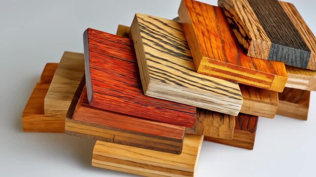 Assorted wooden blocks featuring distinctive wood grains and vibrant colors create a visually appealing pattern, showcasing the natural beauty of exotic wood.