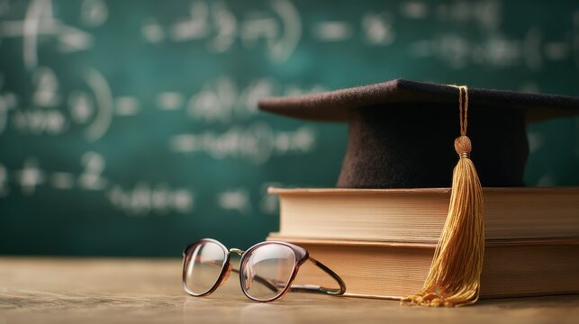 Graduation cap and books with glasses on a chalkboard background