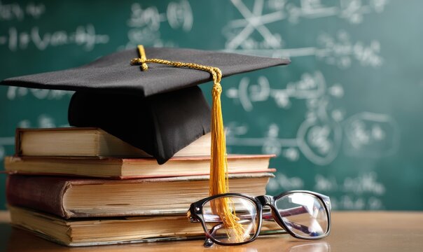 Graduation Cap Glasses and Books on Table Chalkboard Math Formulas