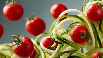 Fresh cherry tomatoes and zucchini spirals on gray background