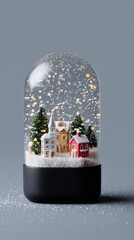 Miniature snow globe village with snowfall and cozy houses