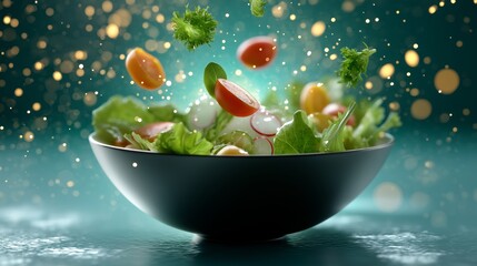 Fresh vegetable salad with tomatoes lettuce and radishes in a black bowl with sparkling background