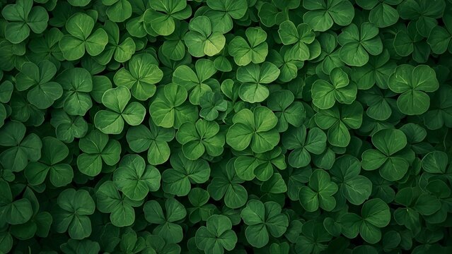 A seamless background filled with fresh green clover leaves, natural lighting, high detail, realistic texture, soft shadows, macro photography style.