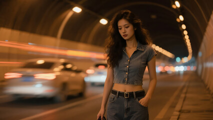 Beautiful Woman Walking at Night in a City Tunnel Light and Shadow Fashion Portrait Photography Background