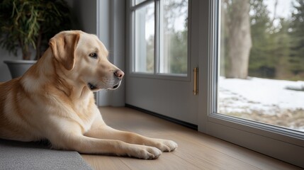 Labrador retriever relaxing indoors by window on cold winter day