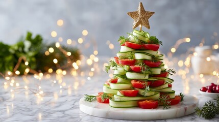 Festive vegetable christmas tree made of cucumber and tomato with star topper