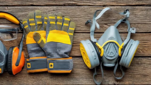 Personal protective equipment on wood shows a hard hat, ear protection, safety glasses, a respirator, and safety gloves required for workplace safety.