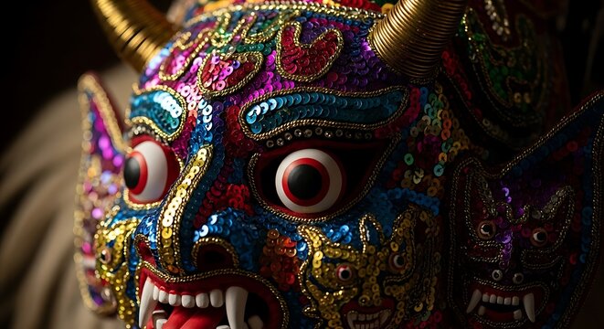 Closeup of a vibrant and colorful traditional mask with intricate details and striking eyes