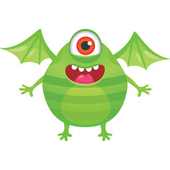 Green cartoon one eyed monster with wings and smiling mouth open showing pink tongue and fangs on transparent background