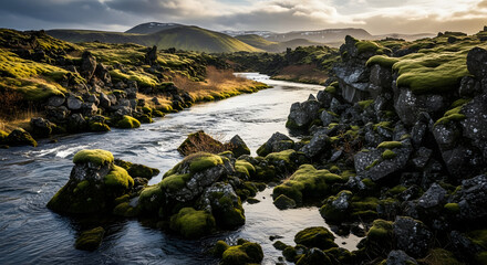 Serene Icelandic river landscape with moss-covered rocks and distant mountains