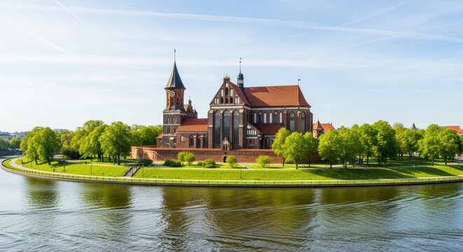 Historic gothic cathedral with red roofs by riverside in scenic green park setting