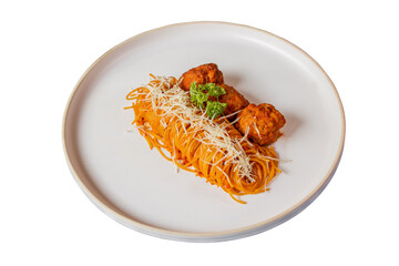 Spaghetti with meatballs and parmesan on a plate, ready to be enjoyed
