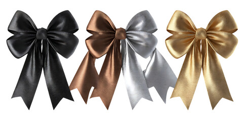 Elegant satin bows in black, bronze, silver, and gold add festive flair to any celebration, gift, or design project.
