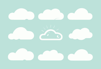 Obraz premium Minimal cloud icon set with weather elements, flat style, isolated