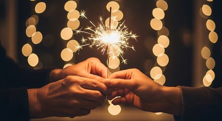 Two people holding a sparkler together with bokeh lights in the background