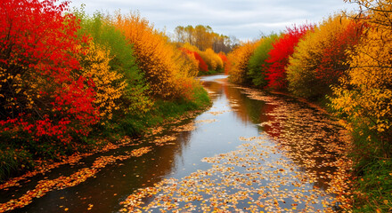 Scenic autumn river landscape with vibrant colorful foliage and fallen leaves