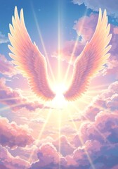 Ethereal wings in the heaven radiate a heavenly light among soft clouds in the sky