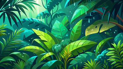 A vibrant top view of tropical rainforest foliage, layered with various green leaves, wet with raindrops, glowing under soft diffused light, radiating freshness and natural harmony