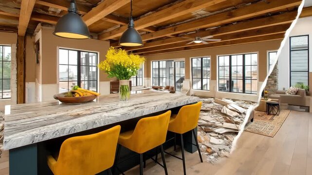 See a complete home renovation project with this before and after split-screen view, transforming a distressed interior into a modern, stylish house.