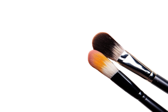 Makeup brushes with colorful eyeshadow isolated on transparent background. Make up base isolated on white background.