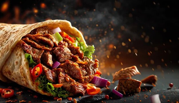 fresh grilled beef turkish or chicken arabic shawarma doner sandwich with flying ingredients and spices hot