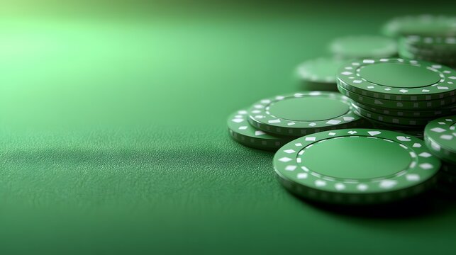 Green poker chips stacked on a felt table surface in a casino setting during evening hours