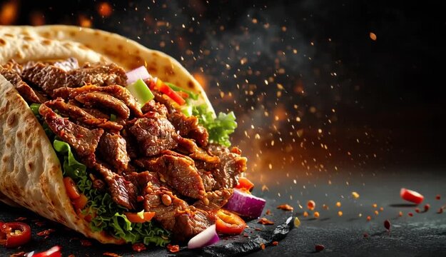 fresh grilled beef turkish or chicken arabic shawarma doner sandwich with flying ingredients and spices hot