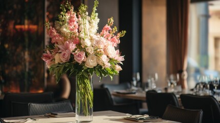 Elegant Floral Arrangement in a Modern Restaurant Setting with Soft Lighting and Classy Dining Atmosphere