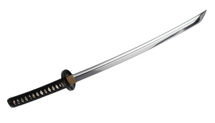Sharp gleaming katana sword with traditional black wrapped handle and detailed tsuba ready for action