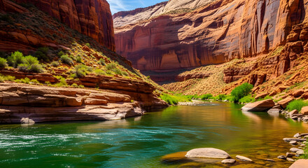 Scenic Colorado River winding through majestic canyon landscape under blue sky