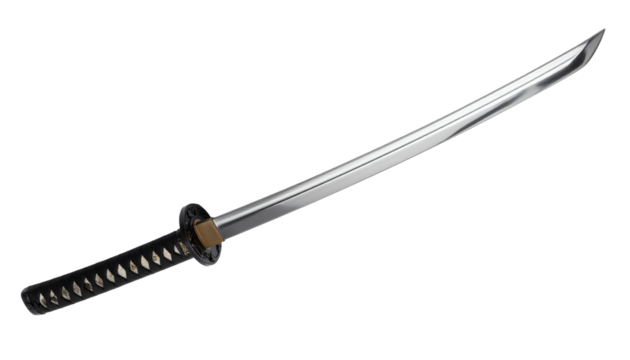 Sharp gleaming katana sword with traditional black wrapped handle and detailed tsuba ready for action