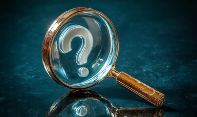 Magnifying glass and question mark, symbolizing research, information search, and education. A focus on investigation, knowledge discovery, and learning in a creative environment, Generative AI